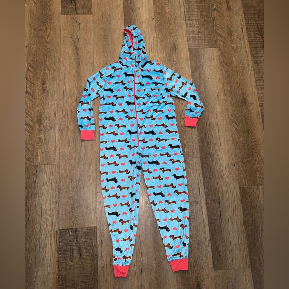 Women’s Blue Dachshund Print Zip-Up Pajamas Hooded - Picture 5 of 7